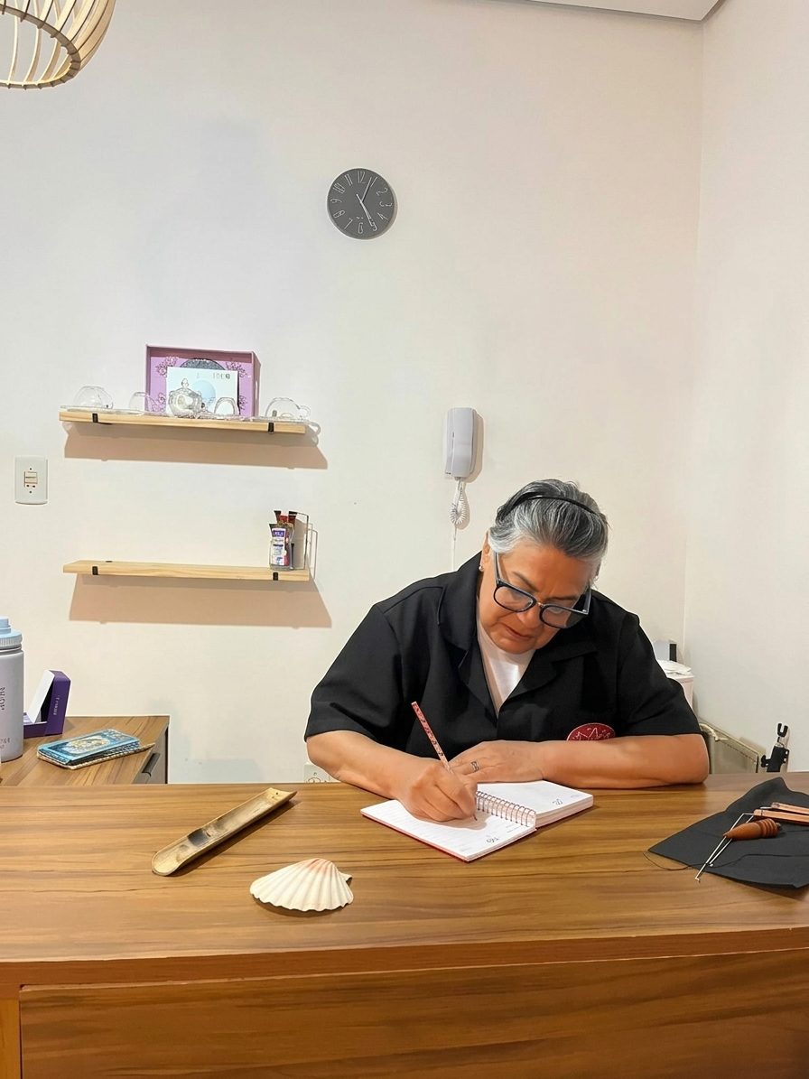 T. Beatriz L. Alves escrevendo em um caderno à mesa de atendimento do Studio Lótus