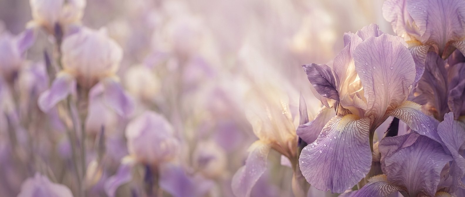 Composição delicada de flores de íris em tons de lilás, luz suave da manhã